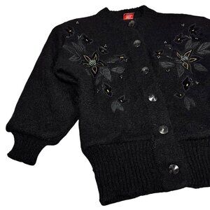 Vintage 90s Mohair Wool Cardigan Sz. S Black Beaded Appliqué  Fuzzy Whimsigoth
